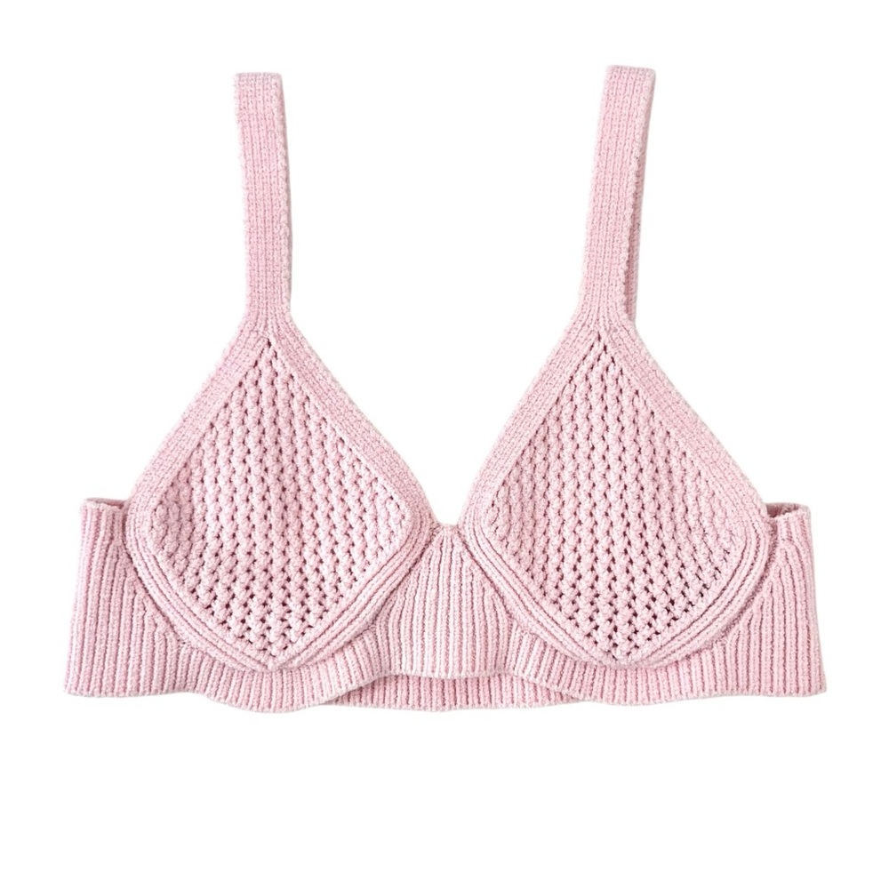ISA BOULDER Explore Crochet-Knit Bra - Baby Pink Scoop Neck Open Weave Knit Top